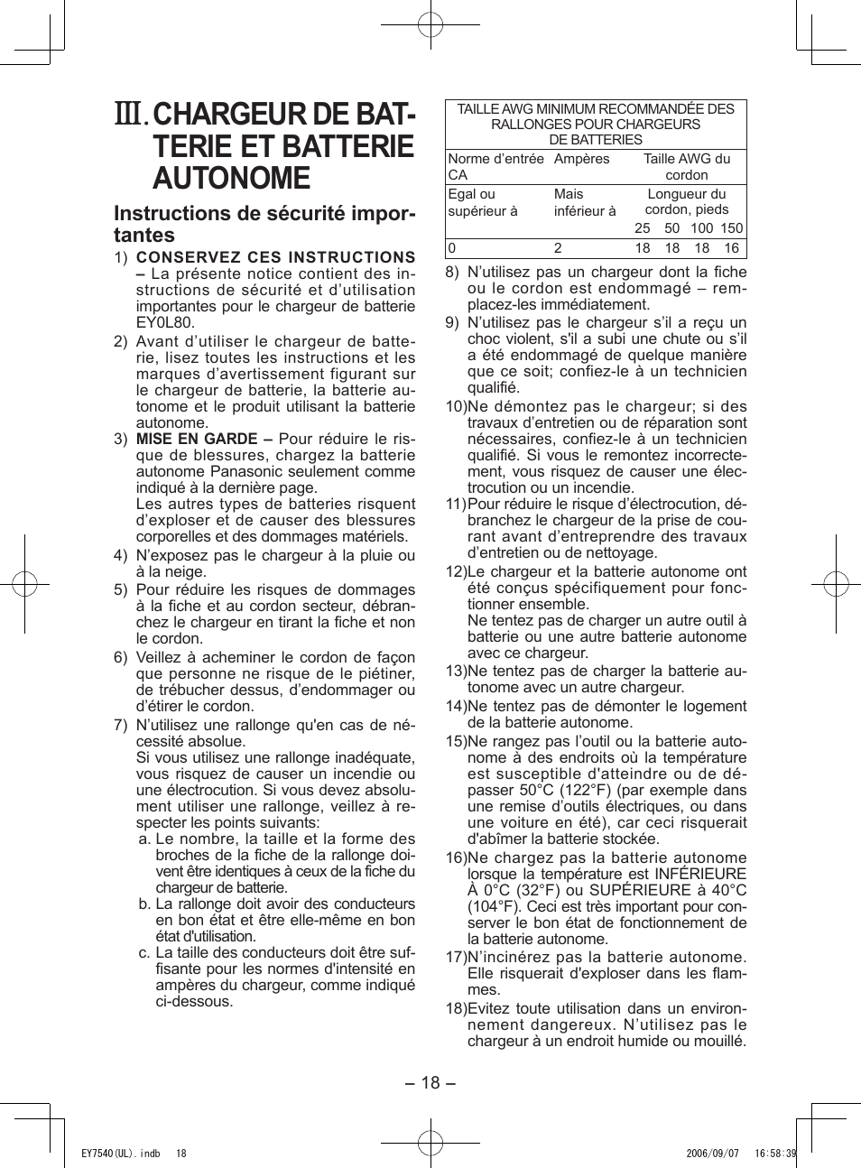 Chargeur de bat­ terie et batterie autonome, Instructions de sécurité impor­ tantes | Panasonic EY7540 User Manual | Page 18 / 48