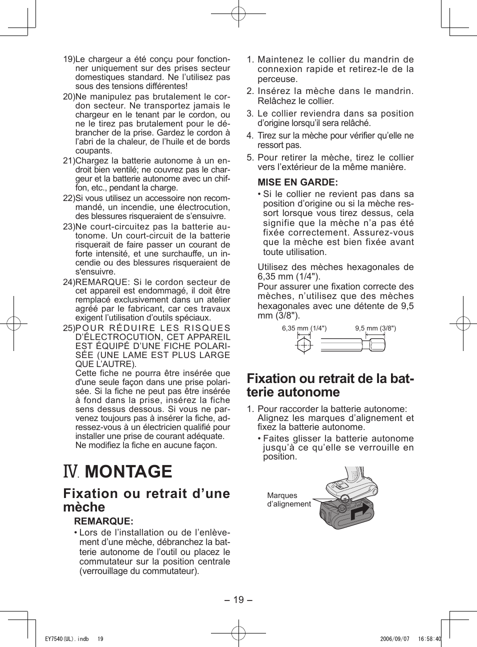 Montage, Fixation ou retrait d’une mèche, Fixation ou retrait de la bat­ terie autonome | Panasonic EY7540 User Manual | Page 19 / 48