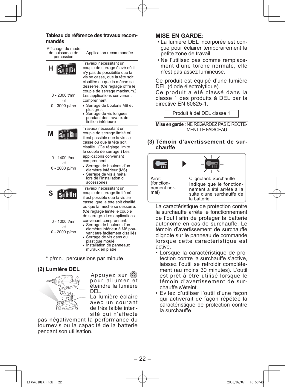 Mise en garde | Panasonic EY7540 User Manual | Page 22 / 48