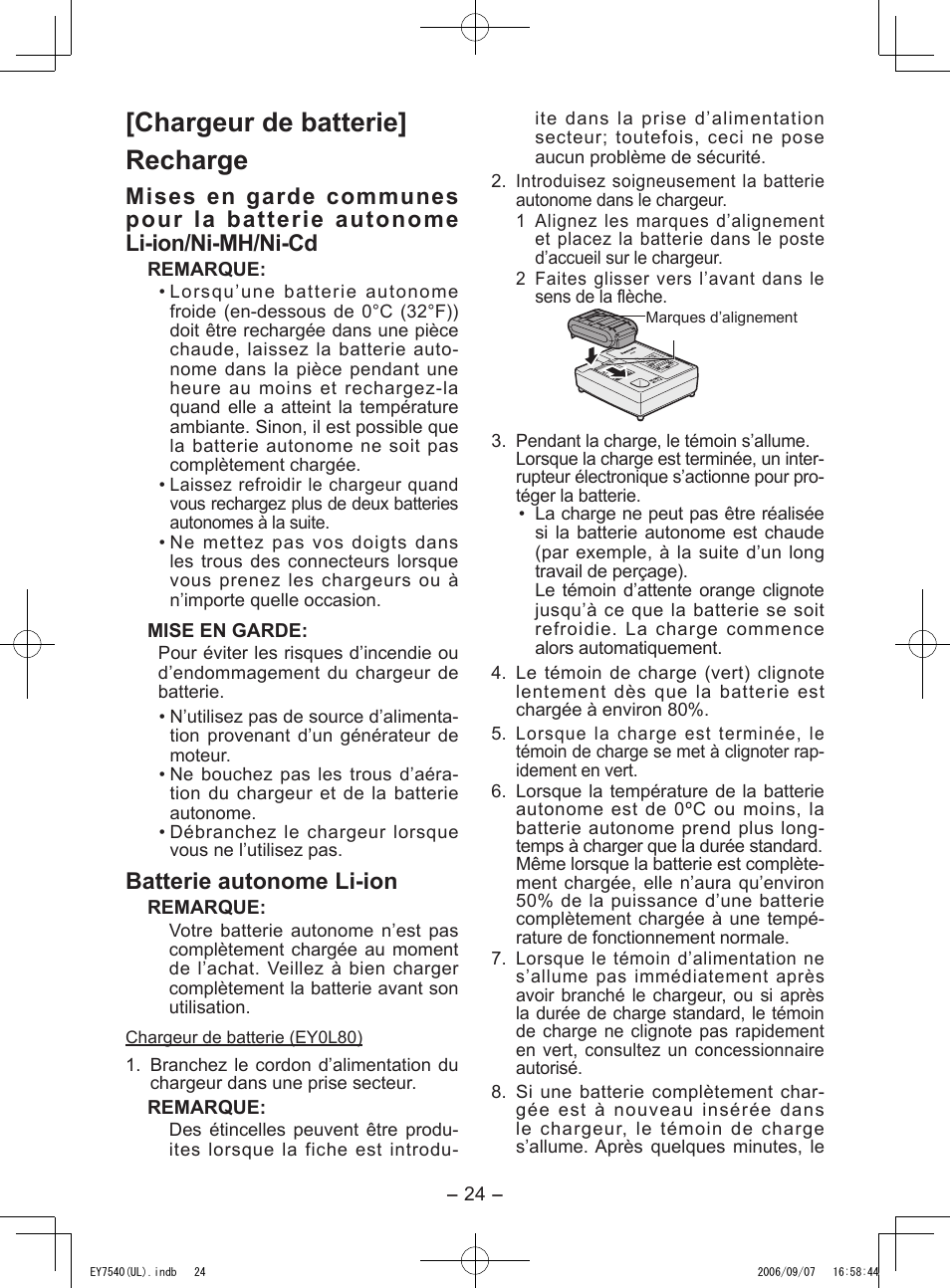 Chargeur de batterie] recharge, Batterie autonome li­ion | Panasonic EY7540 User Manual | Page 24 / 48