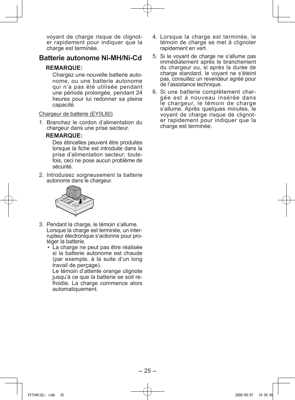 Batterie autonome ni­mh/ni­cd | Panasonic EY7540 User Manual | Page 25 / 48
