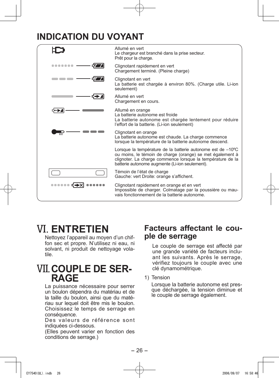 Entretien, Couple de ser­ rage, Indication du voyant | Facteurs affectant le cou­ ple de serrage | Panasonic EY7540 User Manual | Page 26 / 48