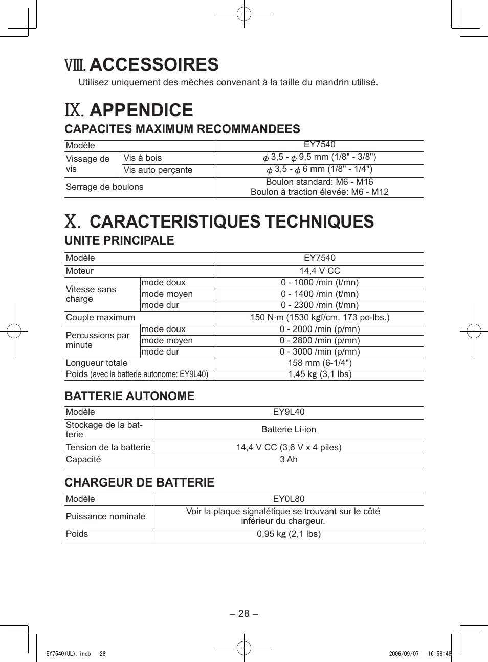 Viii, Accessoires, Appendice | Caracteristiques techniques | Panasonic EY7540 User Manual | Page 28 / 48