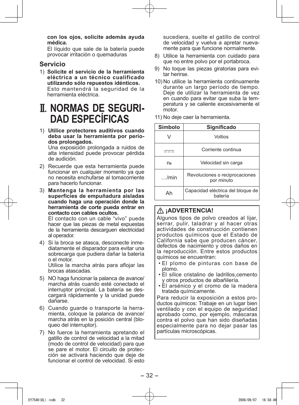 Normas de seguri­ dad específicas, Servicio | Panasonic EY7540 User Manual | Page 32 / 48