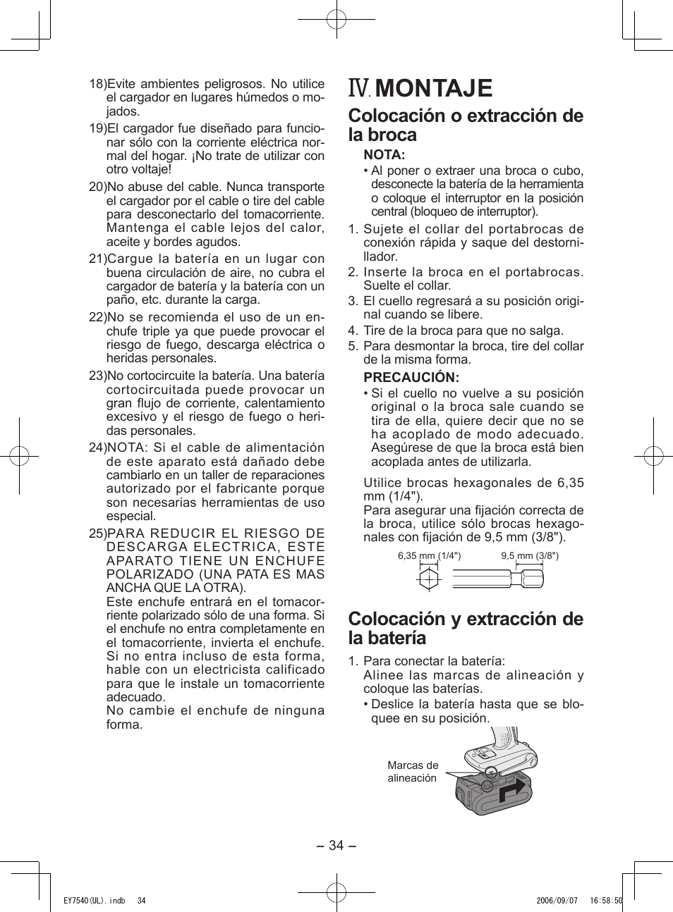 Montaje, Colocación o extracción de la broca, Colocación y extracción de la batería | Panasonic EY7540 User Manual | Page 34 / 48