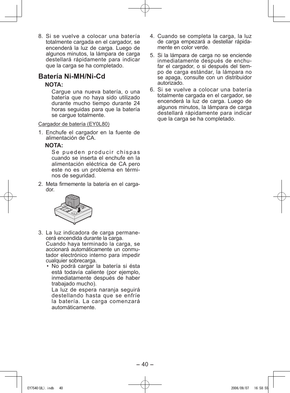 Batería ni­mh/ni­cd | Panasonic EY7540 User Manual | Page 40 / 48