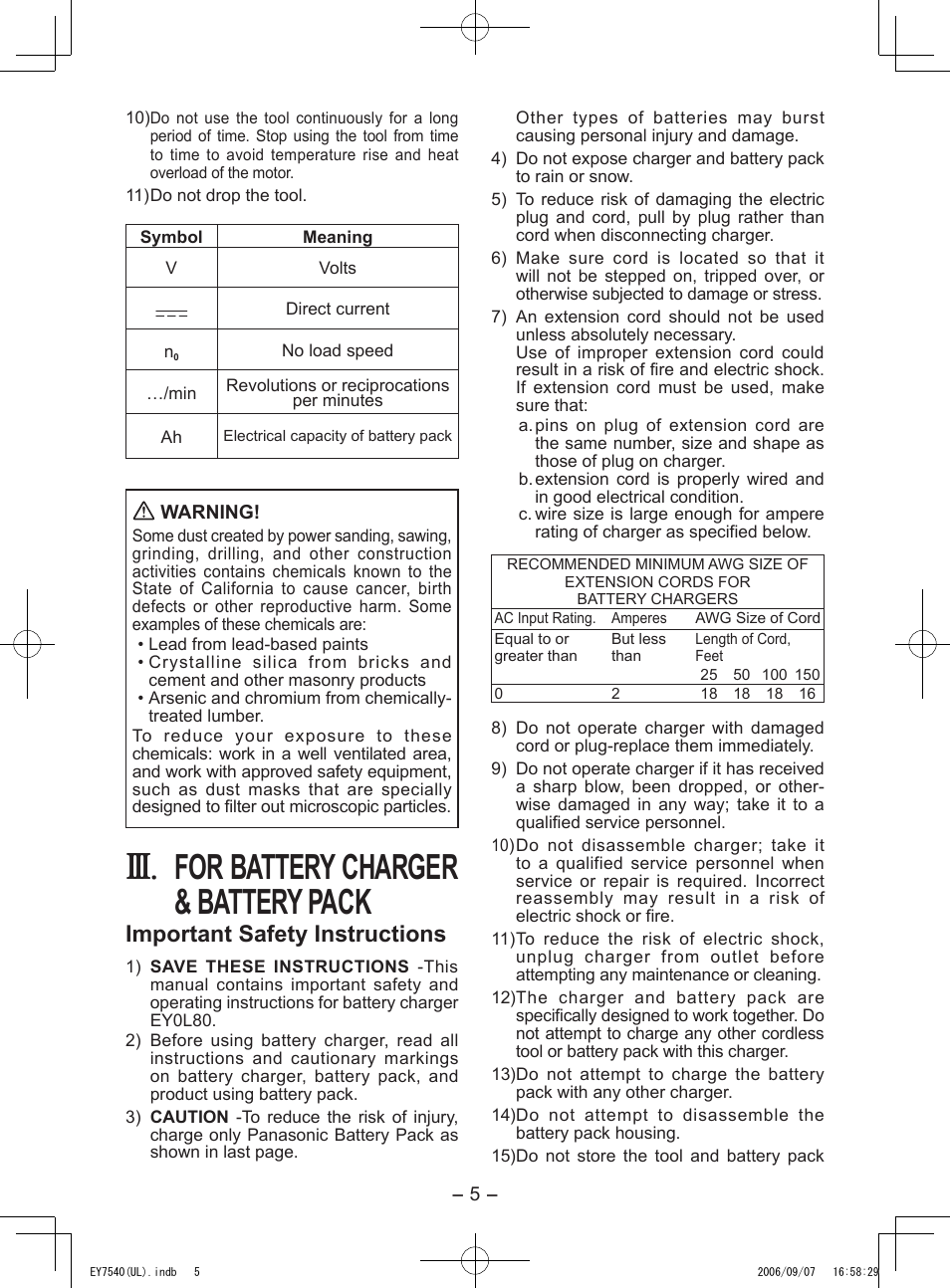 For battery charger & battery pack, Important safety instructions | Panasonic EY7540 User Manual | Page 5 / 48