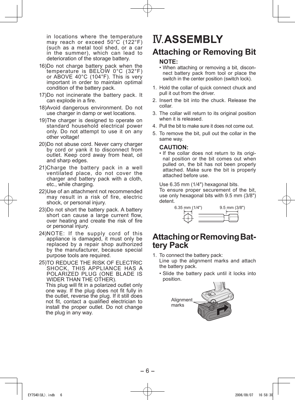 Assembly, Attaching or removing bit, Attaching or removing bat­ tery pack | Panasonic EY7540 User Manual | Page 6 / 48