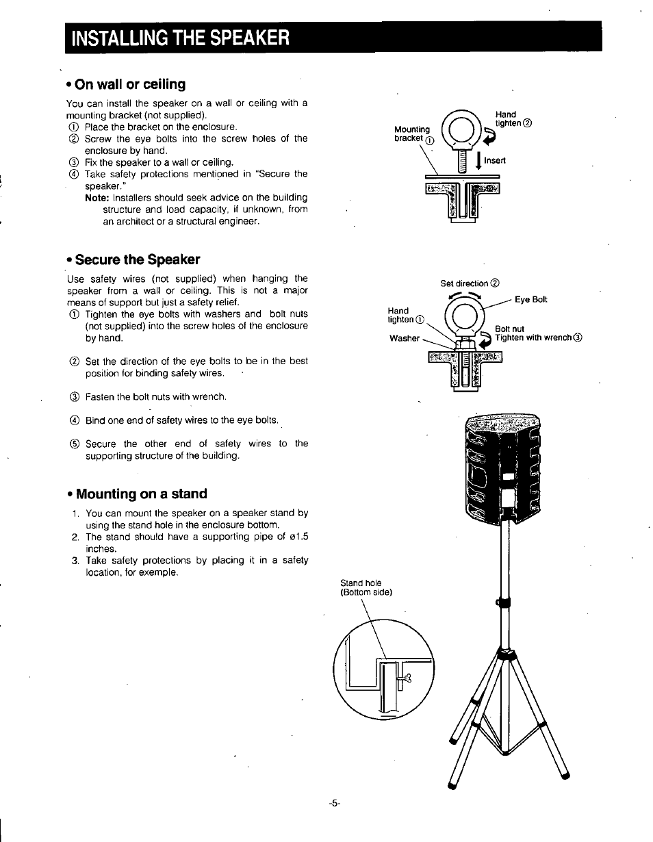 Installing the speaker, On wall or ceiling, Secure the speaker | Mounting on a stand | Panasonic RAMSA WS-AT350 User Manual | Page 5 / 12