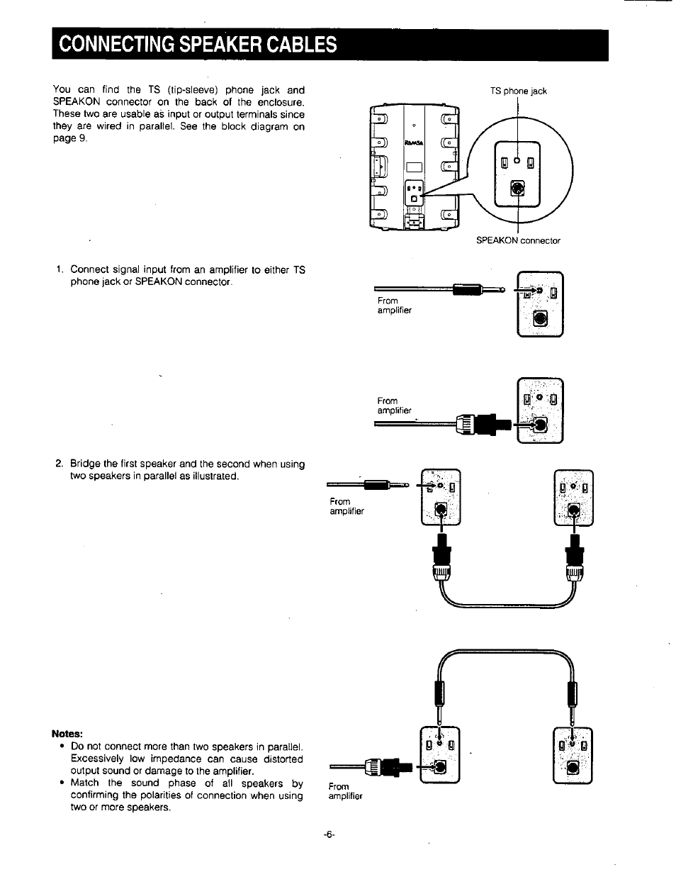 Connecting speaker cables, Notes | Panasonic RAMSA WS-AT350 User Manual | Page 6 / 12