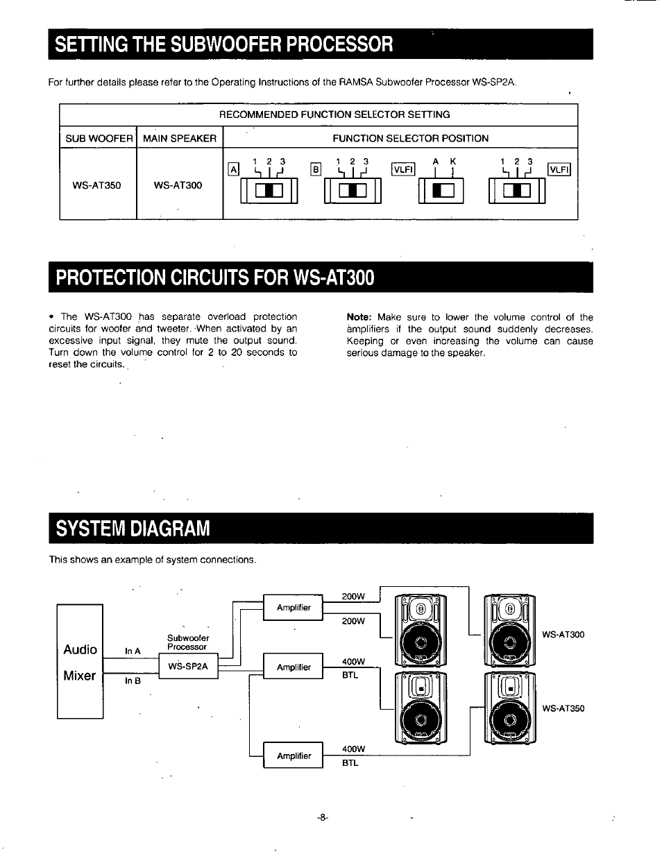 Sehing the subwoofer processor, Protection circuits for ws-at300, System diagram | Audio, Mixer, Setting the subwoofer processor | Panasonic RAMSA WS-AT350 User Manual | Page 8 / 12