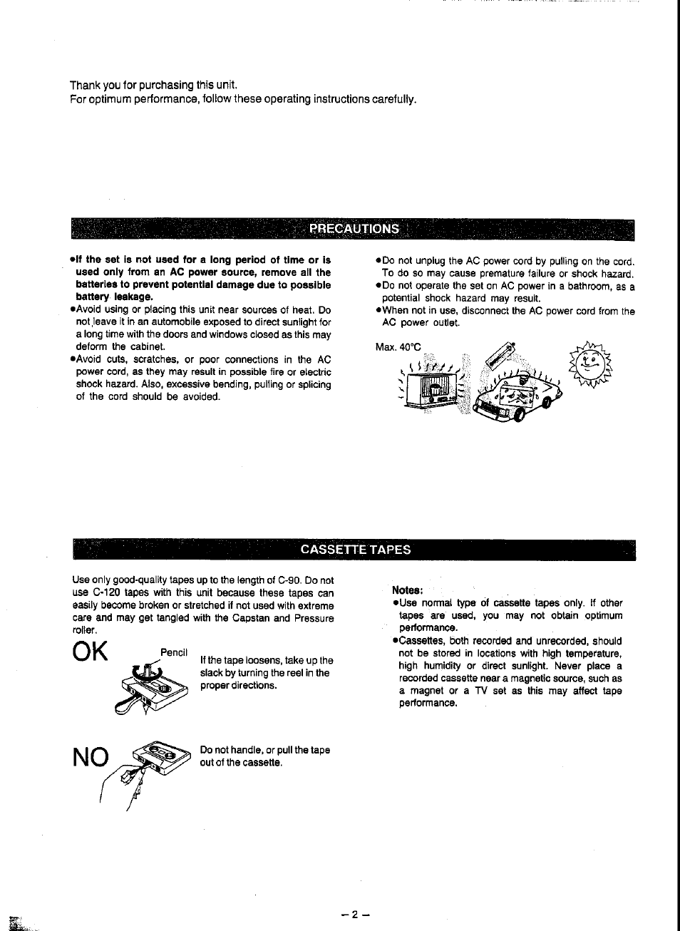 Precautions, Notes | Panasonic RX-FT500 User Manual | Page 2 / 10