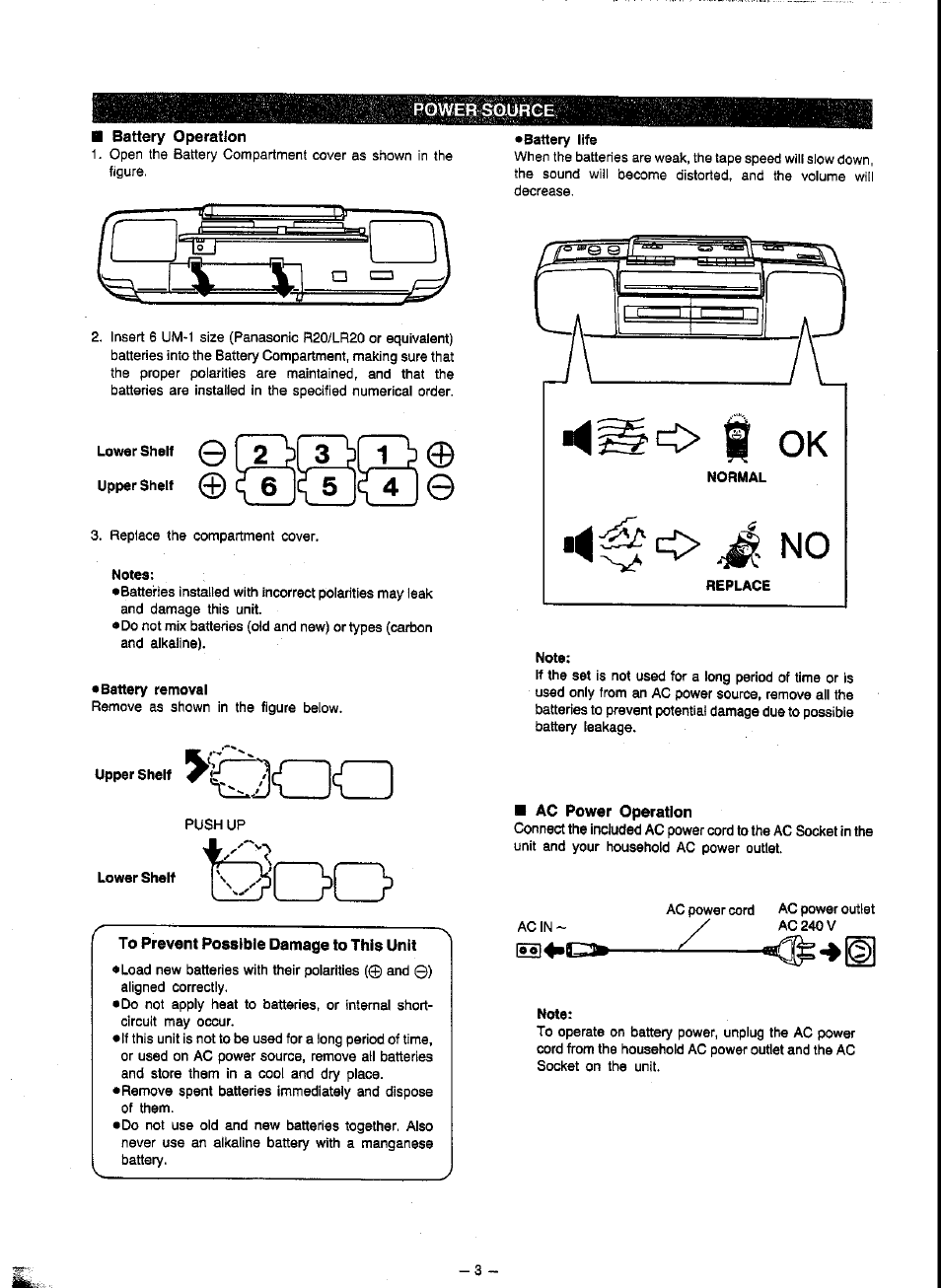 Powebsource, Battery operation, Upper sh»lt 0 ^ 6 ^ 5 ^ 4 | To prevent possible damage to this unit, Ac power operation, Note | Panasonic RX-FT500 User Manual | Page 3 / 10