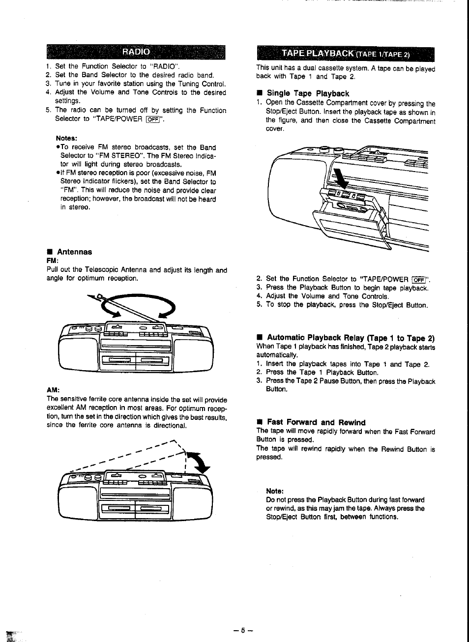 Antennas, Single tape playback, Automatic playback relay (tape 1 to tape 2) | Fast forward and rewind | Panasonic RX-FT500 User Manual | Page 5 / 10