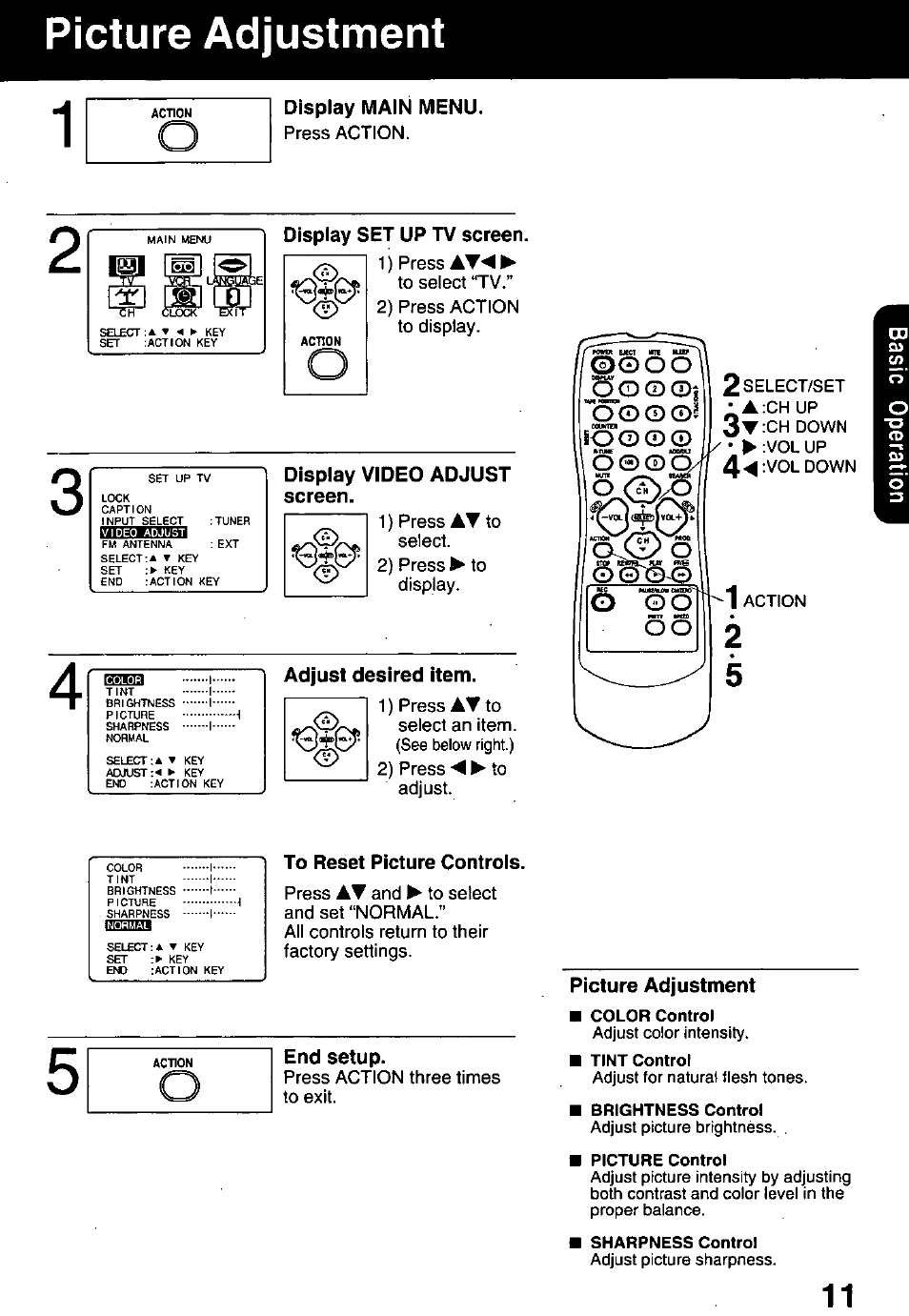 Picture adjustment 1, Oo o o | Panasonic PV-C1321A User Manual | Page 11 / 48