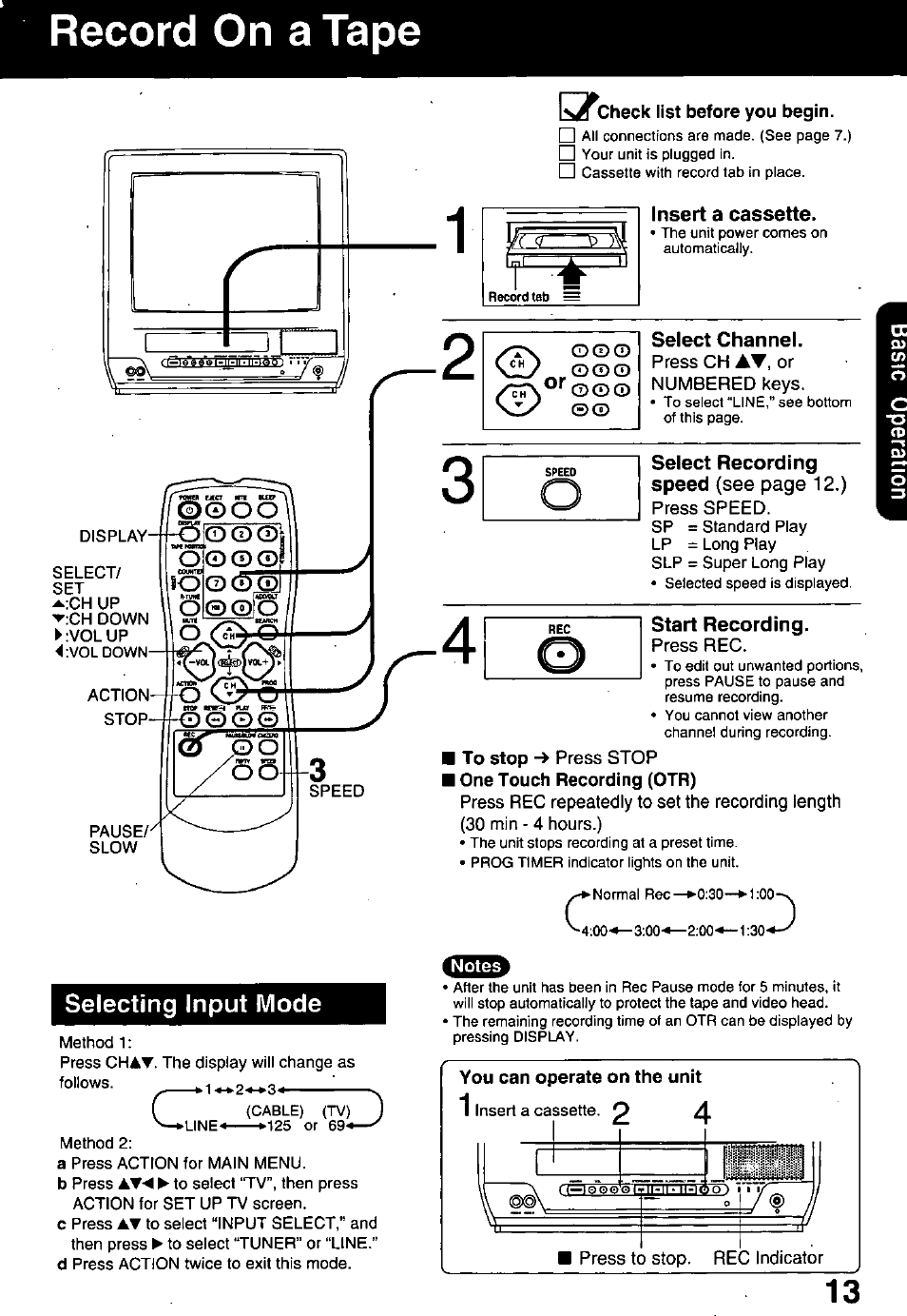 Record on a tape, You can operate on the unit, Selecting input mode | Panasonic PV-C1321A User Manual | Page 13 / 48