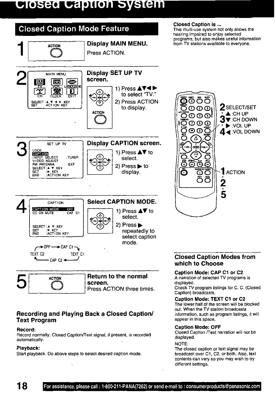 Closed caption mode feature, Display main menu, Screen | Display caption screen, Select caption mode, Return to the normal screen, Closed caption modes from which to choose | Panasonic PV-C1321A User Manual | Page 18 / 48