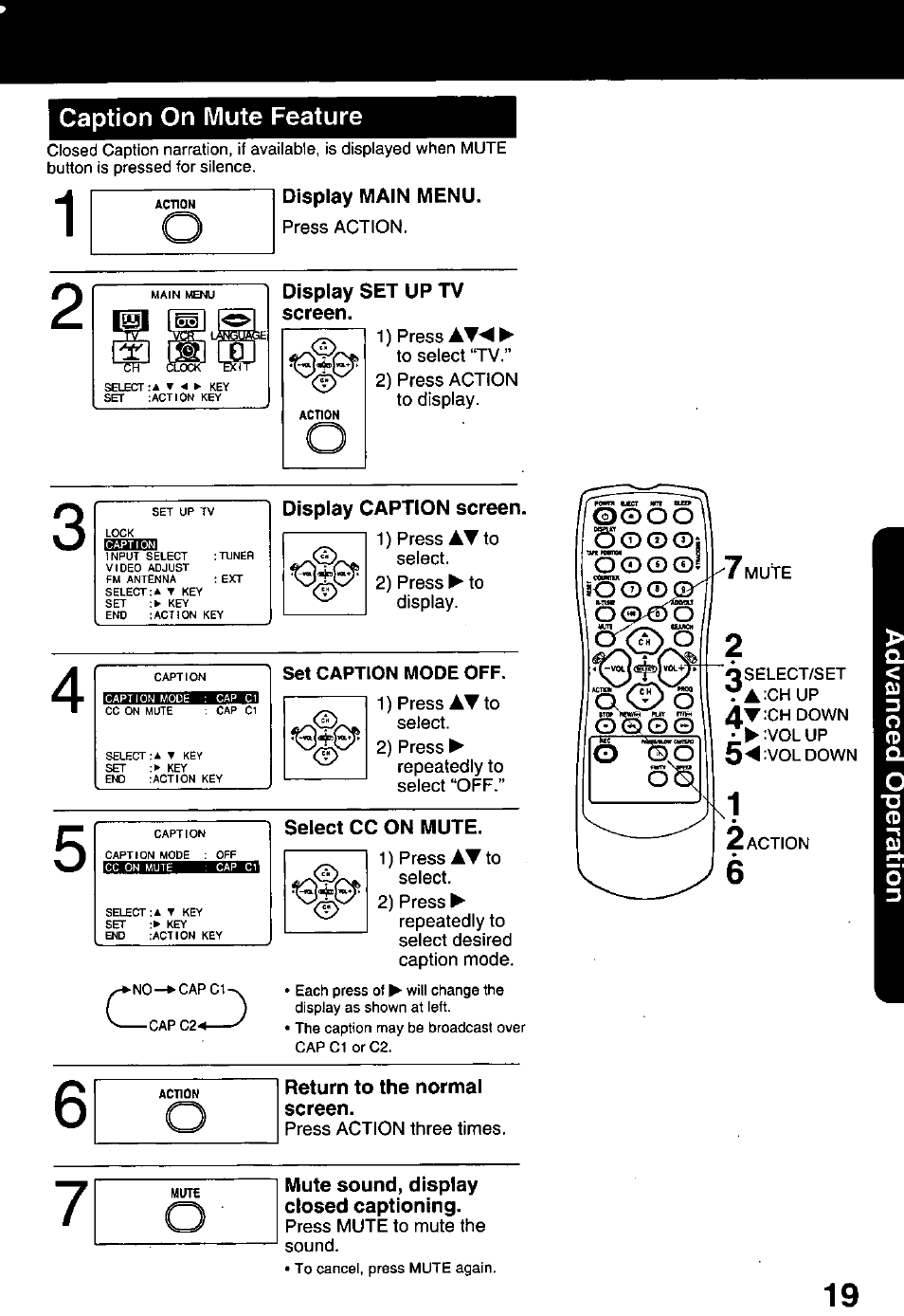 Set caption mode off, Caption on mute feature | Panasonic PV-C1321A User Manual | Page 19 / 48