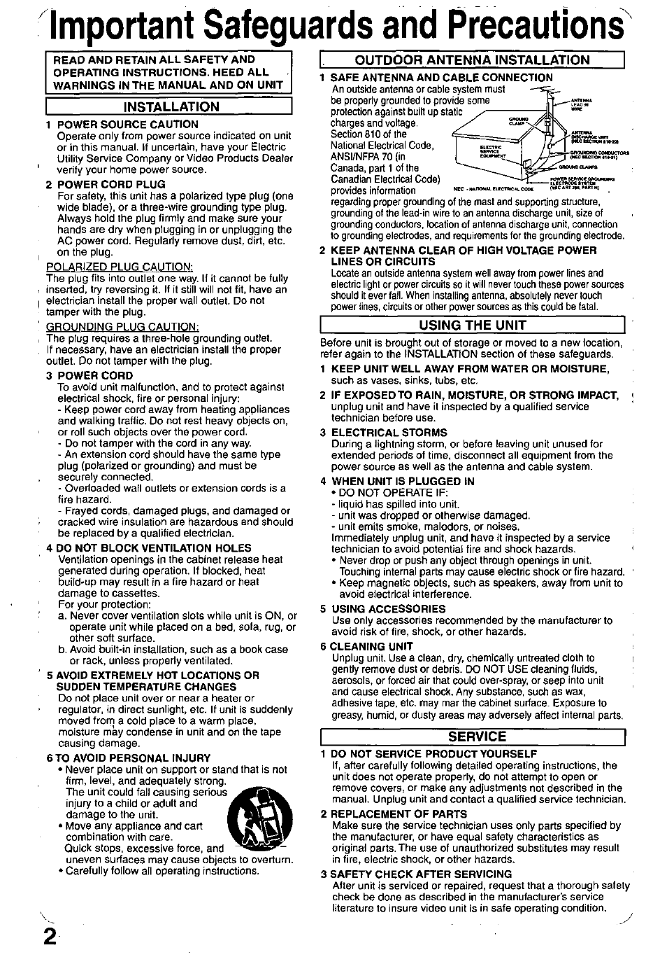 Important safeguards and precautions | Panasonic PV-C1321A User Manual | Page 2 / 48