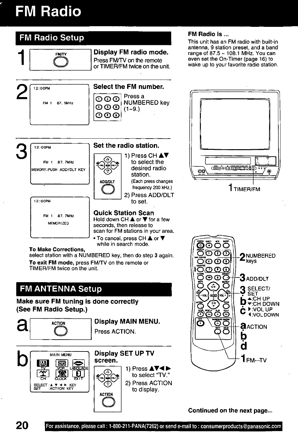 Fm radio is, Fm radio, Fm radio setup | Fm antenna setup, Display fm radio mode, Select the fm number, Set the radio station, Quick station scan, Display main menu. ó \oo o | Panasonic PV-C1321A User Manual | Page 20 / 48