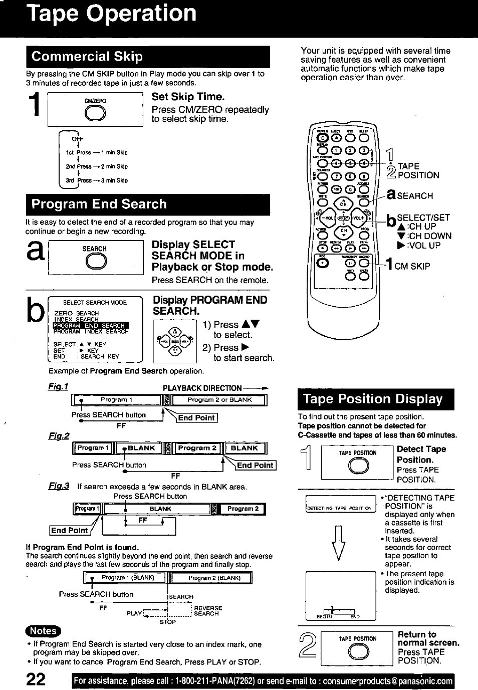 Tape operation, Tape operation 2 - 2 5, O © © o | O < 2 ) or, Commercial skip, Program end search, O 0 o o, Tape position display, Set skip time, Display program end search | Panasonic PV-C1321A User Manual | Page 22 / 48