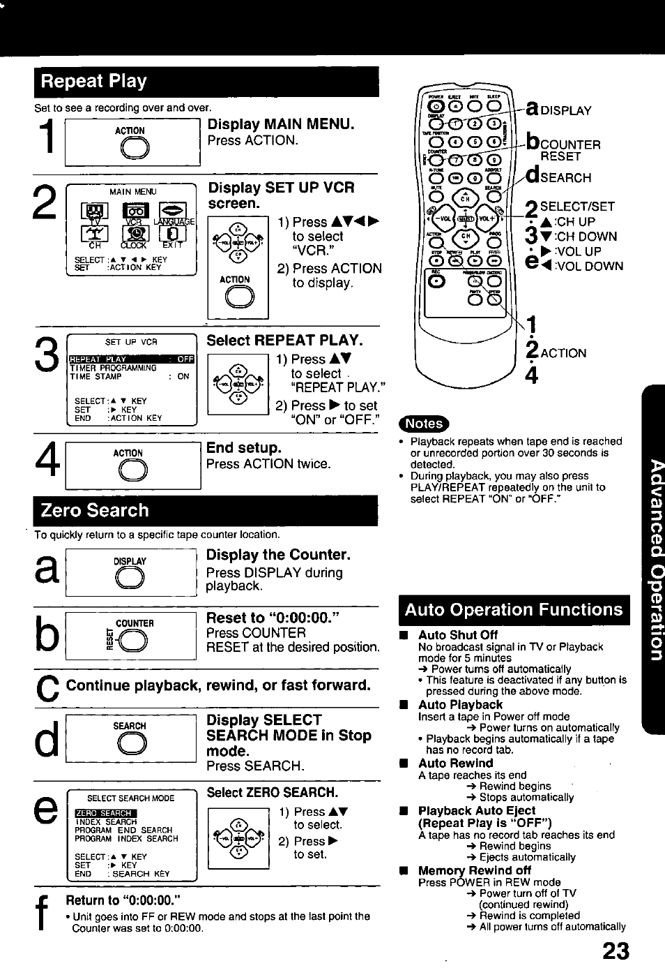 Select zero search, Auto operation functions i, Repeat play | Zero search | Panasonic PV-C1321A User Manual | Page 23 / 48