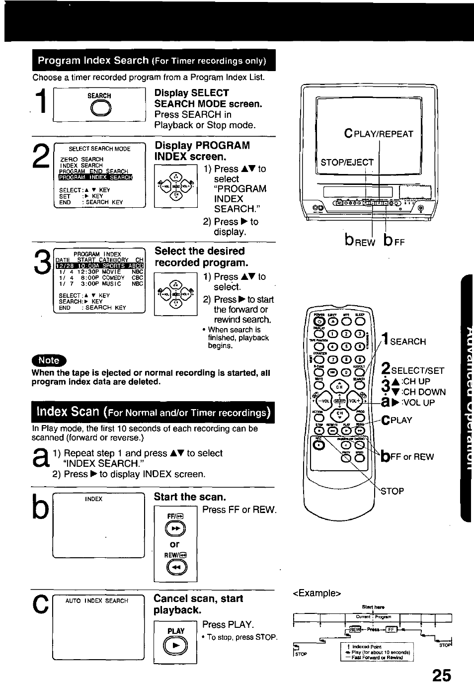 Index scan (f or normal and/or timer recordings), O vi/ o, Index scan | Display program index screen, Select the desired recorded program, Start the scan, Cancel scan, start playback | Panasonic PV-C1321A User Manual | Page 25 / 48