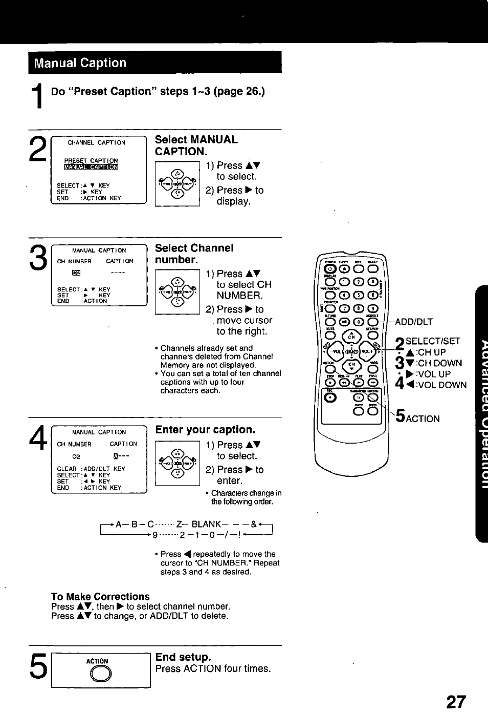 Manual caption, To make corrections, O o o | S o o, Oo® c, Do “preset caption” steps 1 -3 (page 26.), Select manual caption, Select channel number, Enter your caption, End setup | Panasonic PV-C1321A User Manual | Page 27 / 48