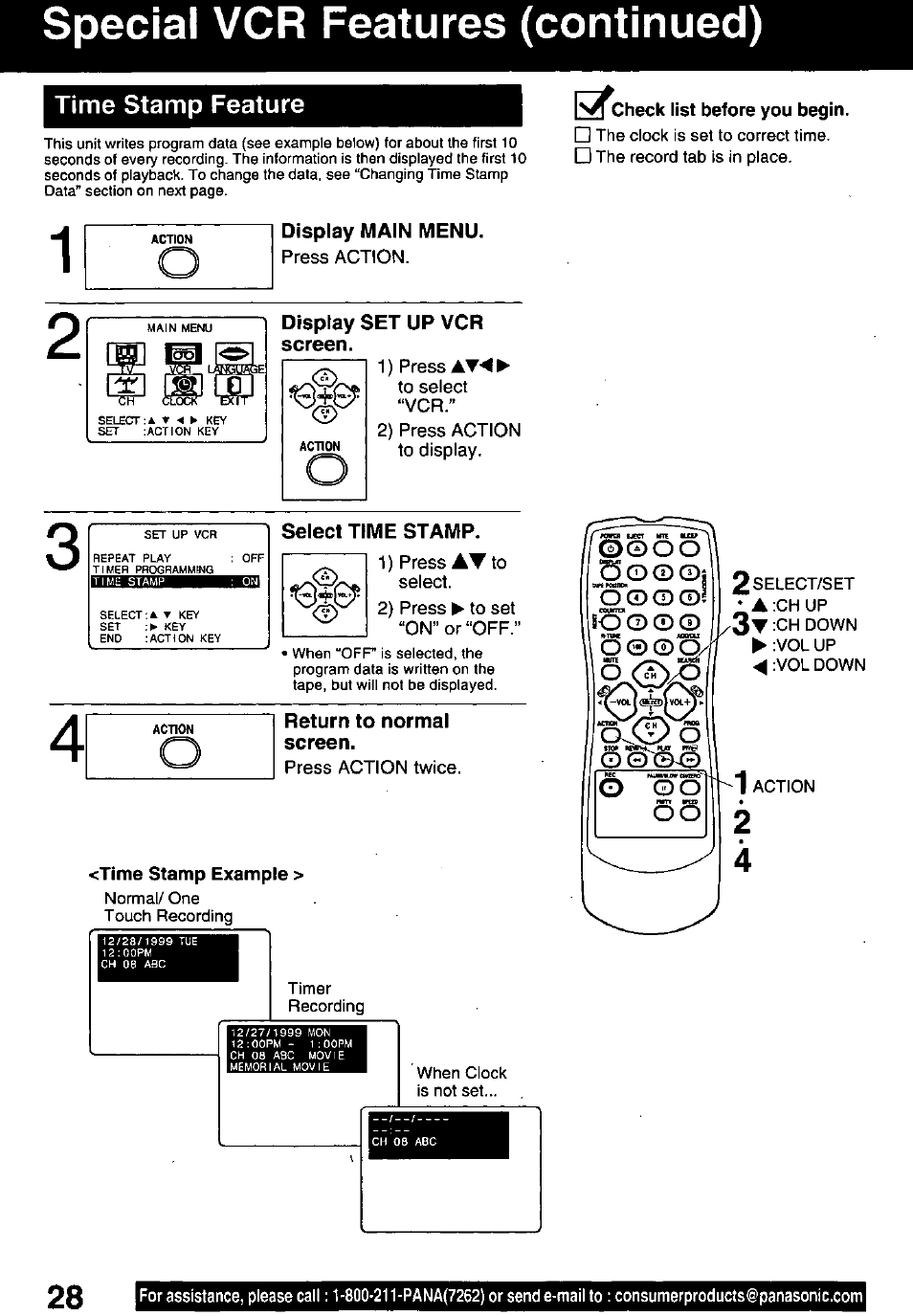 Time stamp example, Special vcr features (continued) | Panasonic PV-C1321A User Manual | Page 28 / 48