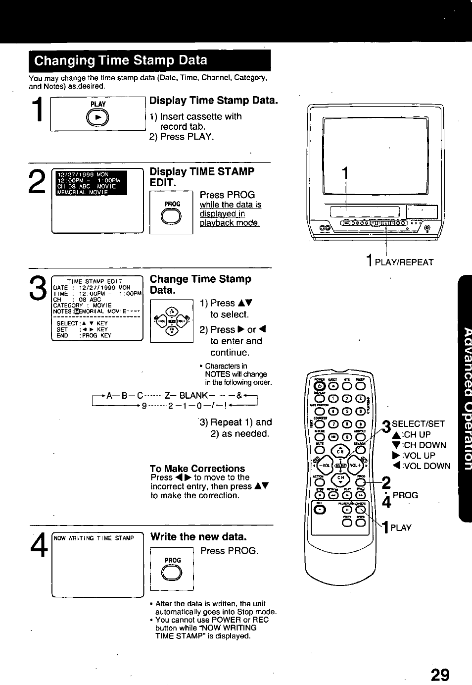 To make corrections, Changing time stamp data, Display time stamp data | Display time stamp edit, Change time stamp data, Write the new data, B o ® ® t | Panasonic PV-C1321A User Manual | Page 29 / 48