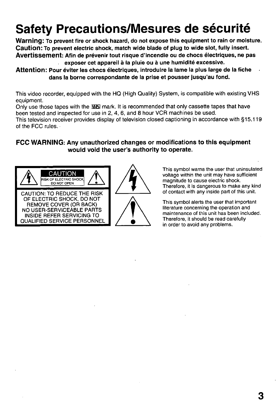 Safety precautions/mesures de sécurité | Panasonic PV-C1321A User Manual | Page 3 / 48