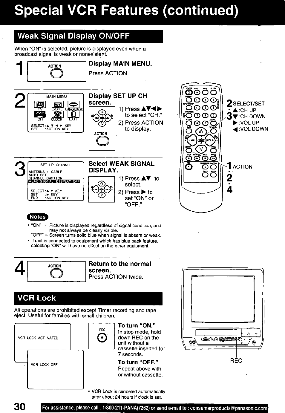 To turn “on, Special vcr features (continued) | Panasonic PV-C1321A User Manual | Page 30 / 48