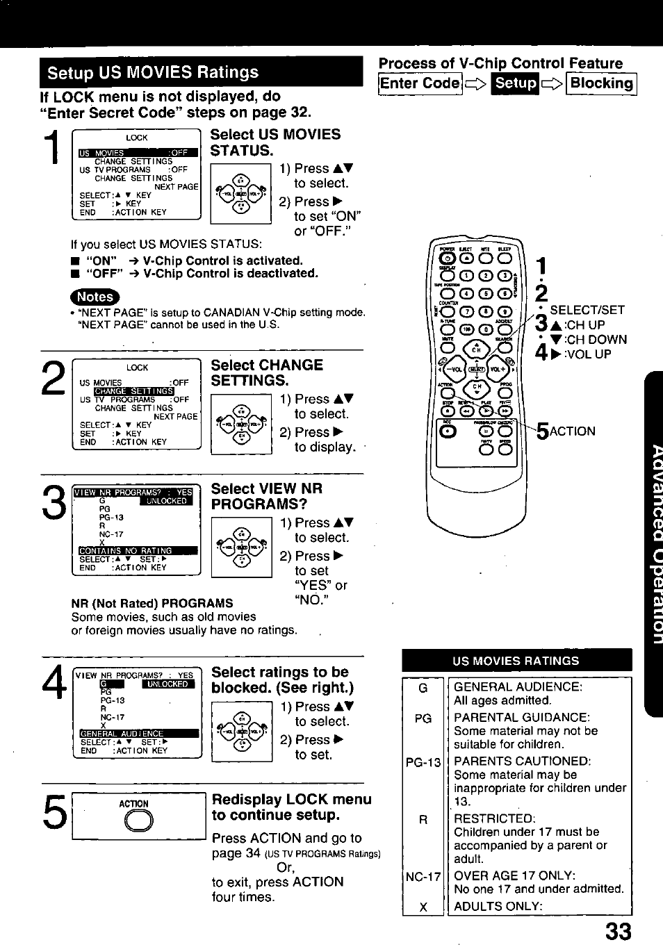 Setup us movies ratings, Status, Select change settings | Select view nr programs, Select ratings to be blocked. (see right.), Redisplay lock menu to continue setup | Panasonic PV-C1321A User Manual | Page 33 / 48