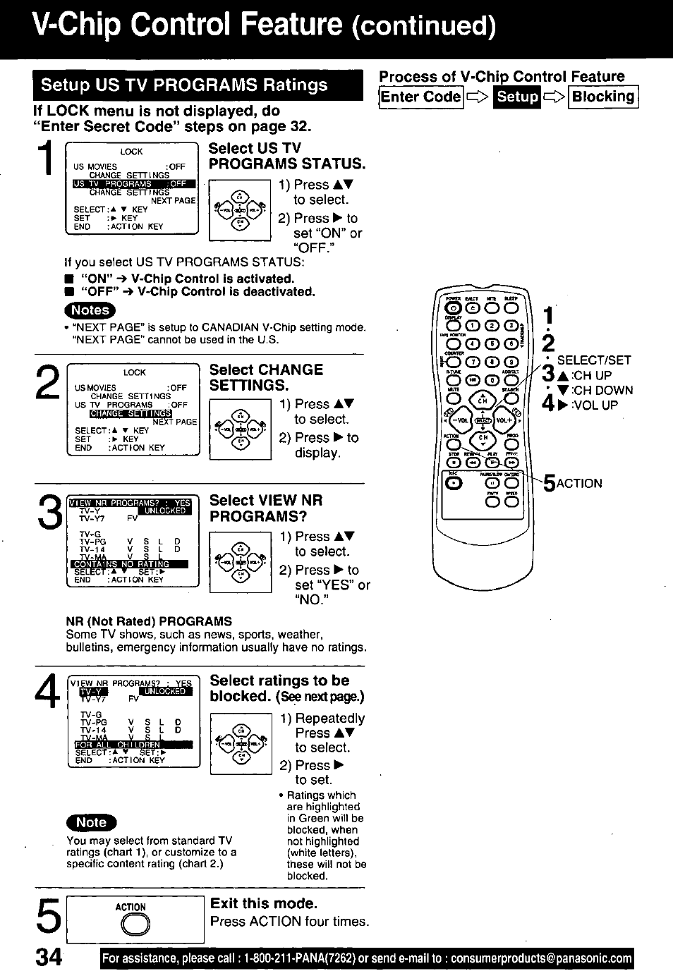 V-chip control feature (continued), Setup us tv programs ratings, V-chip control feature | Continued), Programs status, Select change settings, Select ratings to be blocked. (see next page.), Exit this mode | Panasonic PV-C1321A User Manual | Page 34 / 48