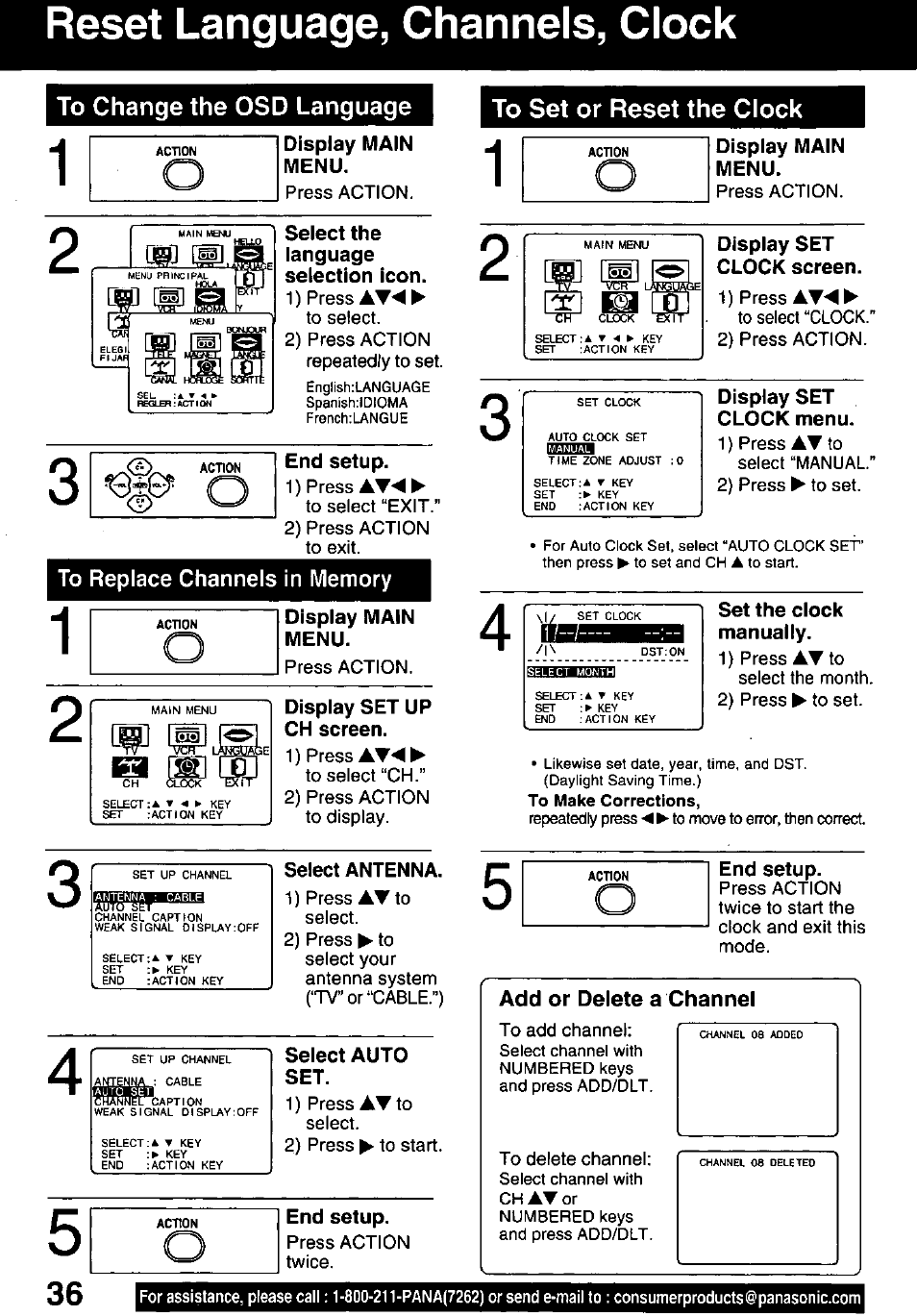 Reset language, channels, clock, To replace channels in memory, Add or delete a channel | Panasonic PV-C1321A User Manual | Page 36 / 48