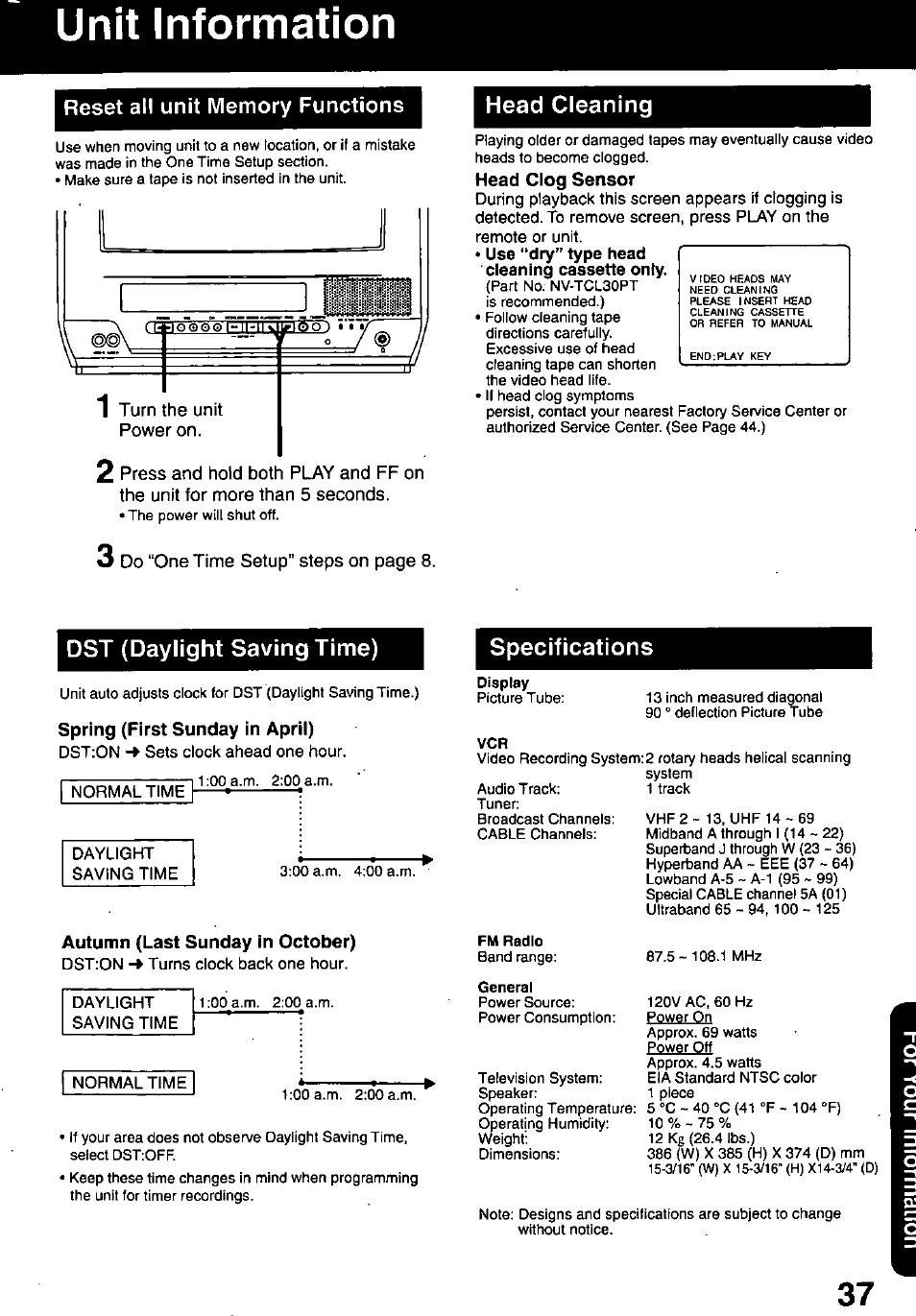 Unit information, Reset ail unit memory functions, Dst (daylight saving time) | Spring (first sunday in april), Autumn (last sunday in october), Head cleaning, Specifications | Panasonic PV-C1321A User Manual | Page 37 / 48