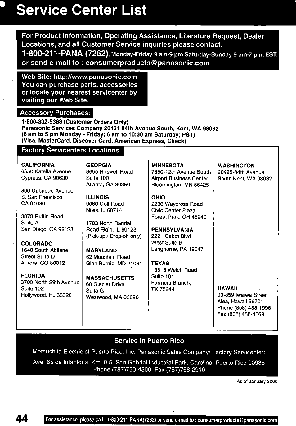 Service center list, Accessory purchases, Service in puerto rico | Panasonic PV-C1321A User Manual | Page 44 / 48