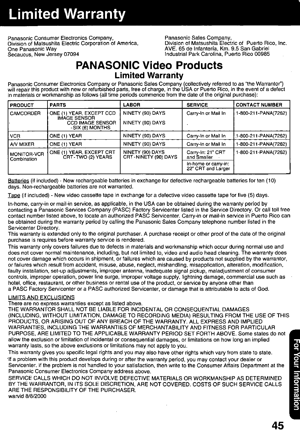 Limited warranty, Panasonic video products | Panasonic PV-C1321A User Manual | Page 45 / 48