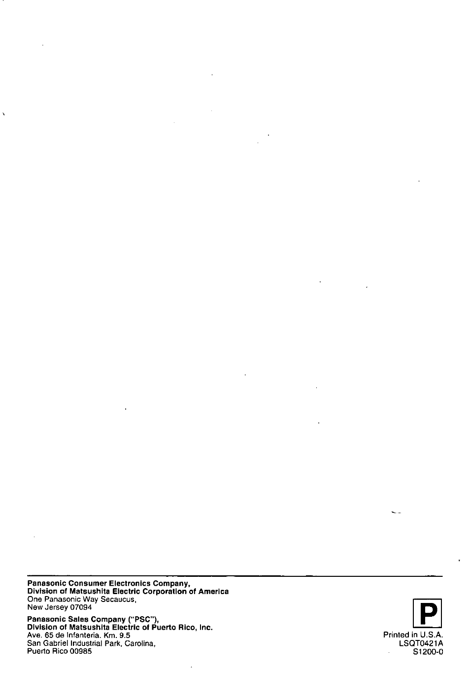 Panasonic PV-C1321A User Manual | Page 48 / 48