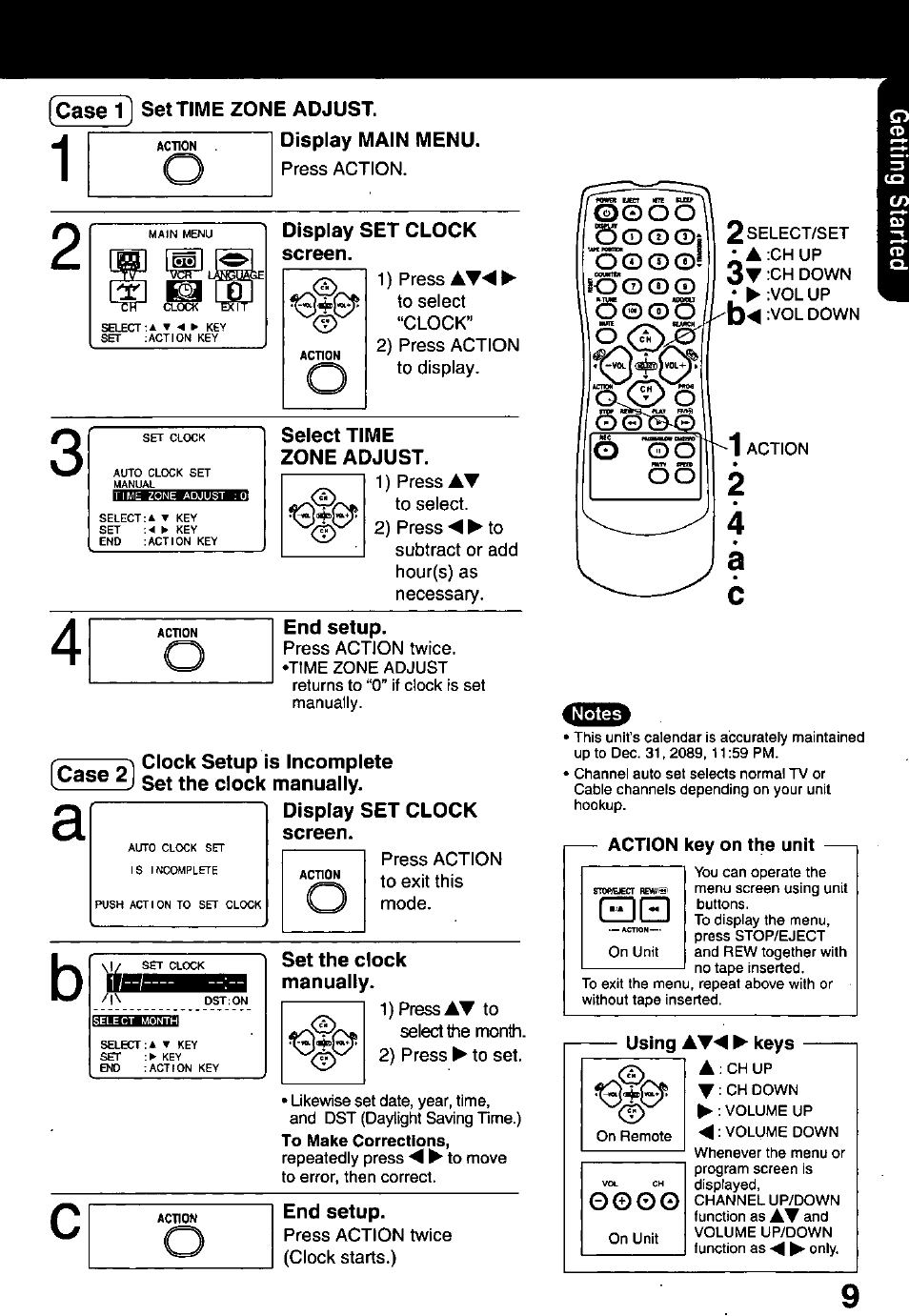 Action key on the unit, Oooq, Settime zone adjust. display main menu | Display set clock screen, Select time zone adjust, Case 2 end setup, Set the clock manually, End setup | Panasonic PV-C1321A User Manual | Page 9 / 48