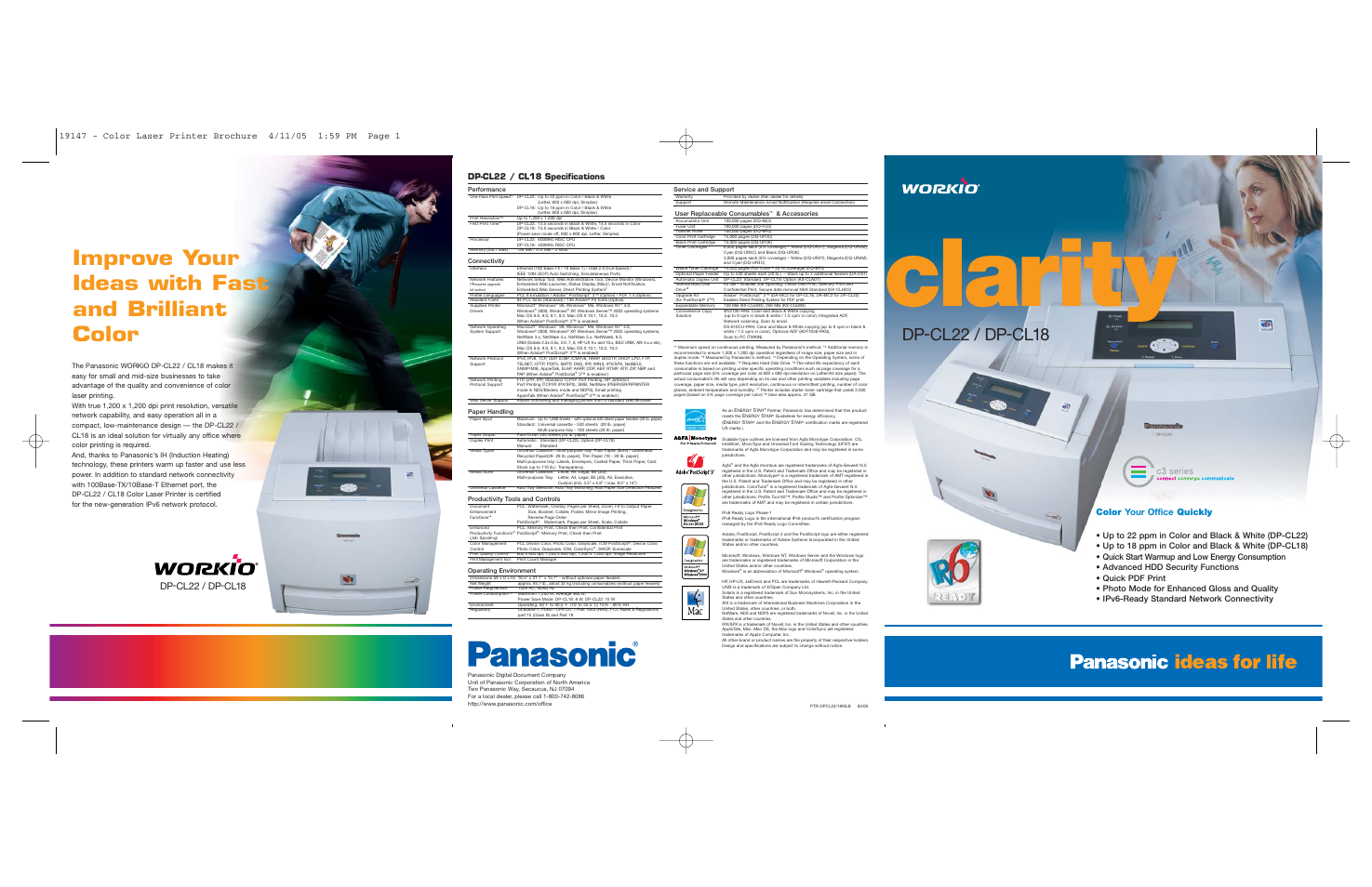 Clarity, Improve your ideas with fast and brilliant color, Dp-cl22 / dp-cl18 | Color your office quickly, Dp-cl22 / cl18 specifications | Panasonic DP-CL22 User Manual | Page 4 / 6
