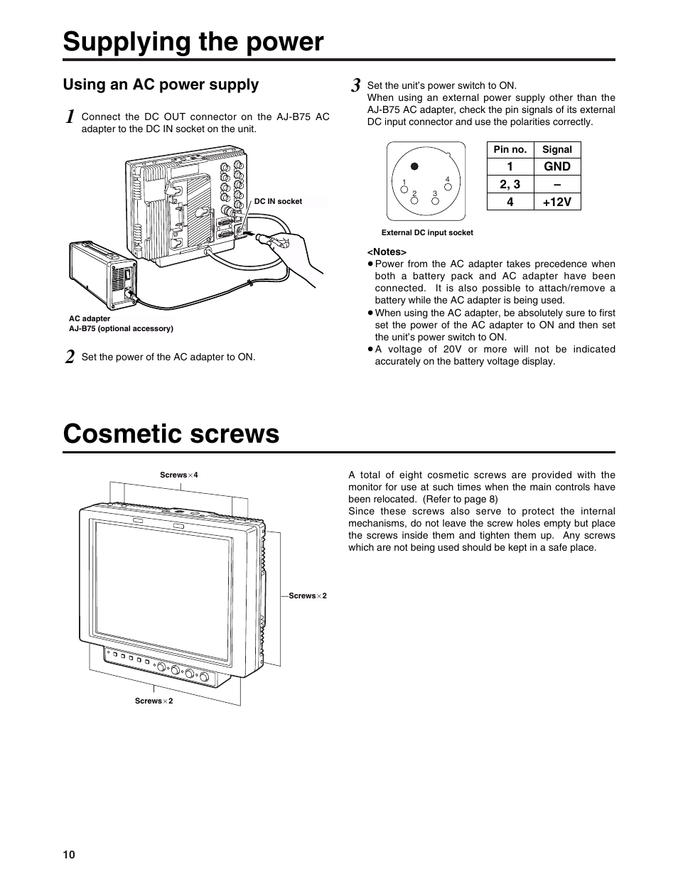 Cosmetic screws, Supplying the power cosmetic screws, Using an ac power supply | Panasonic BT-LH900P User Manual | Page 10 / 28