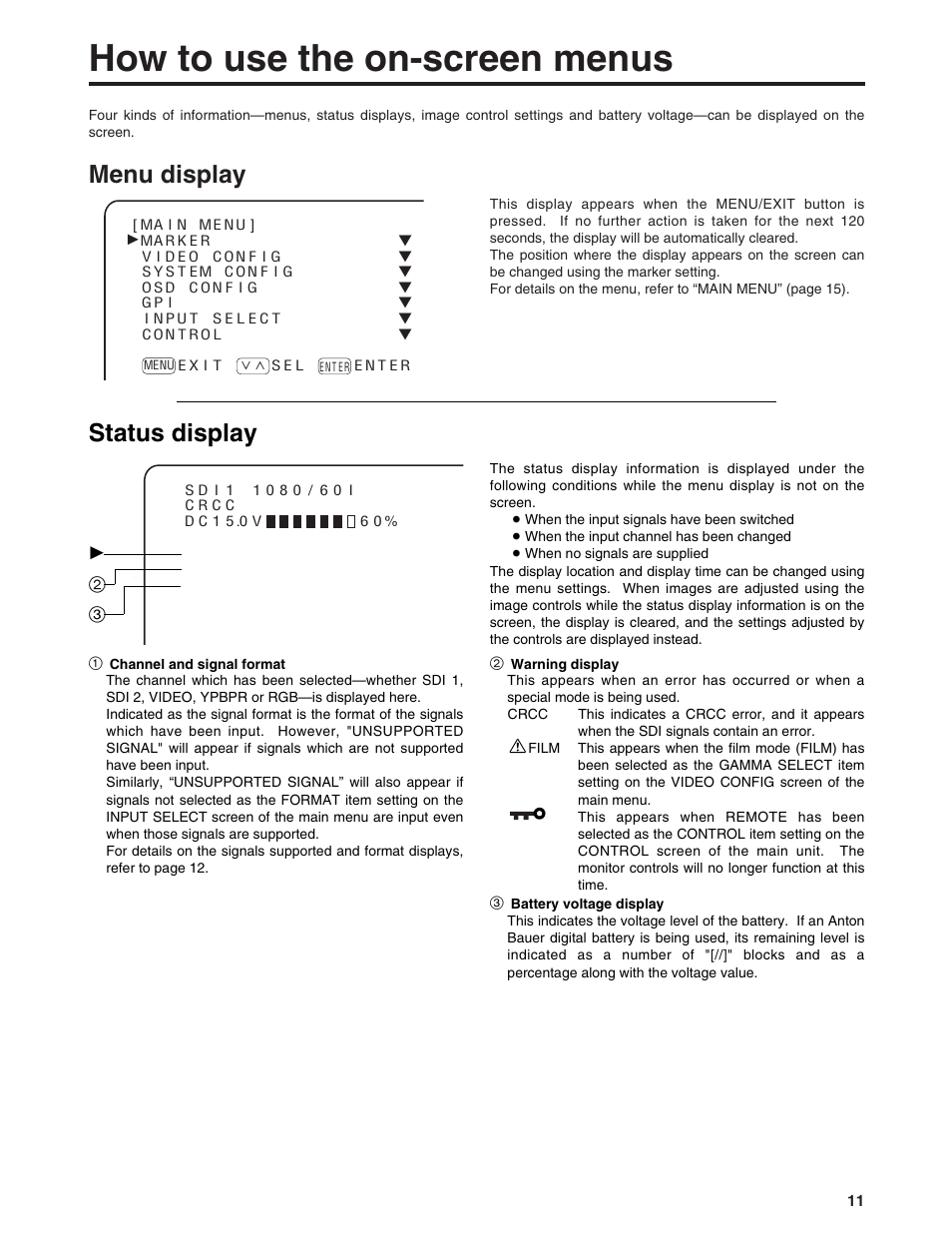 How to use the on-screen menus, Menu display, Status display | Panasonic BT-LH900P User Manual | Page 11 / 28