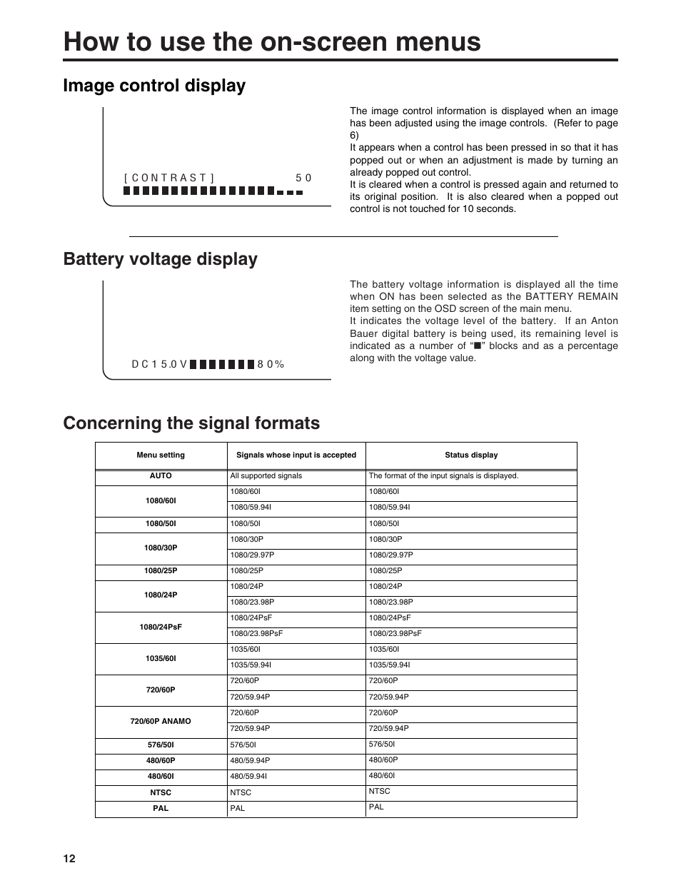 How to use the on-screen menus, Image control display | Panasonic BT-LH900P User Manual | Page 12 / 28