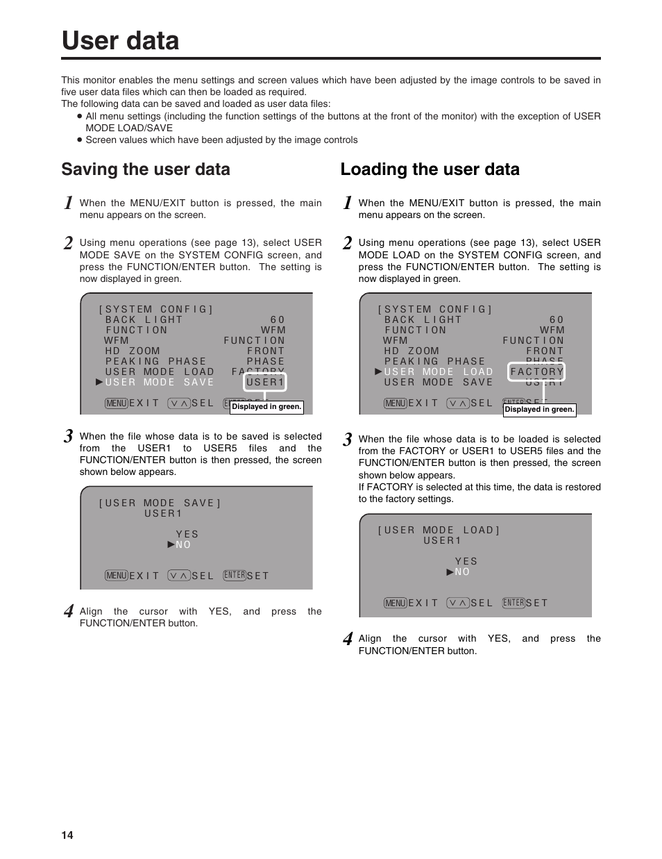 User data, Saving the user data, Loading the user data | Panasonic BT-LH900P User Manual | Page 14 / 28