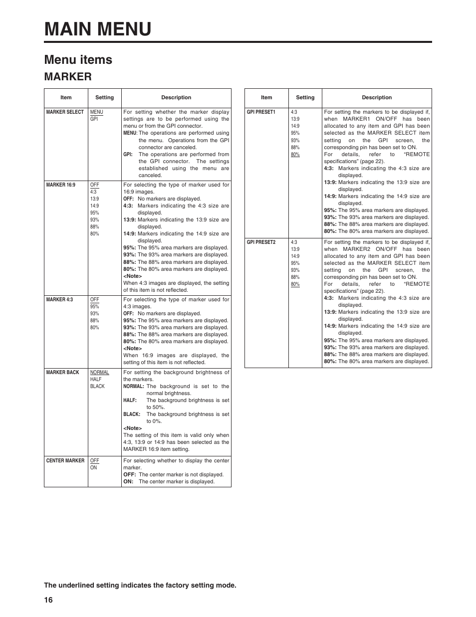 Main menu, Menu items, Marker | Panasonic BT-LH900P User Manual | Page 16 / 28