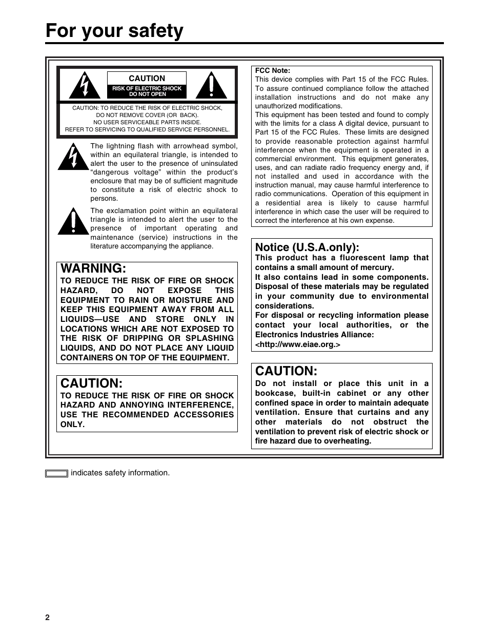 For your safety, Warning, Caution | Notice (u.s.a.only) | Panasonic BT-LH900P User Manual | Page 2 / 28