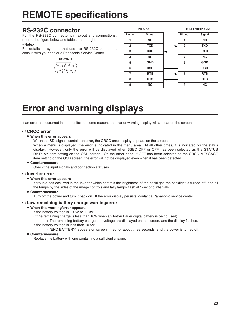Error and warning displays, Remote specifications, Rs-232c connector | Crcc error, Inverter error, Low remaining battery charge warning/error | Panasonic BT-LH900P User Manual | Page 23 / 28