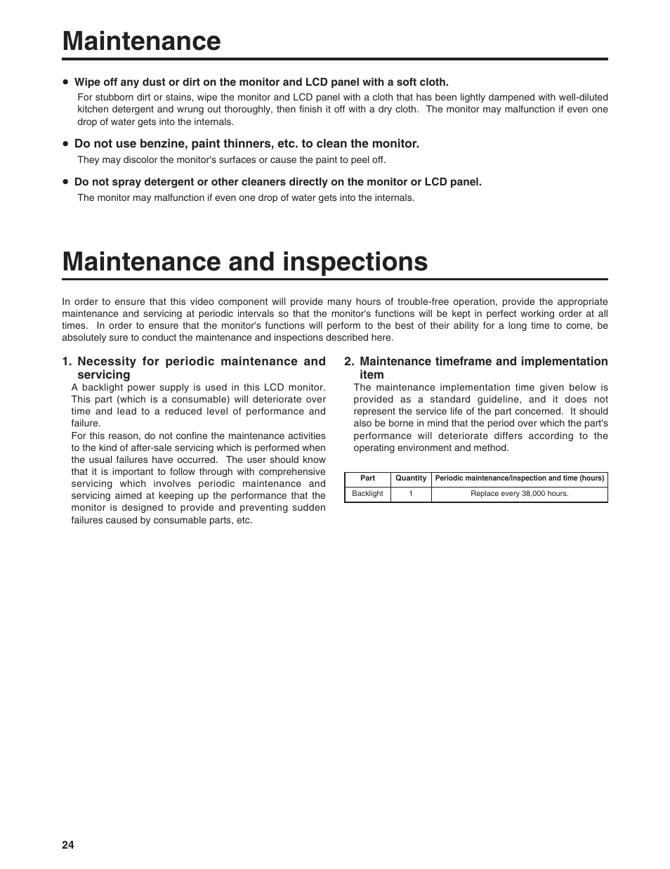 Maintenance, Maintenance and inspections, Maintenance and inspections maintenance | Panasonic BT-LH900P User Manual | Page 24 / 28