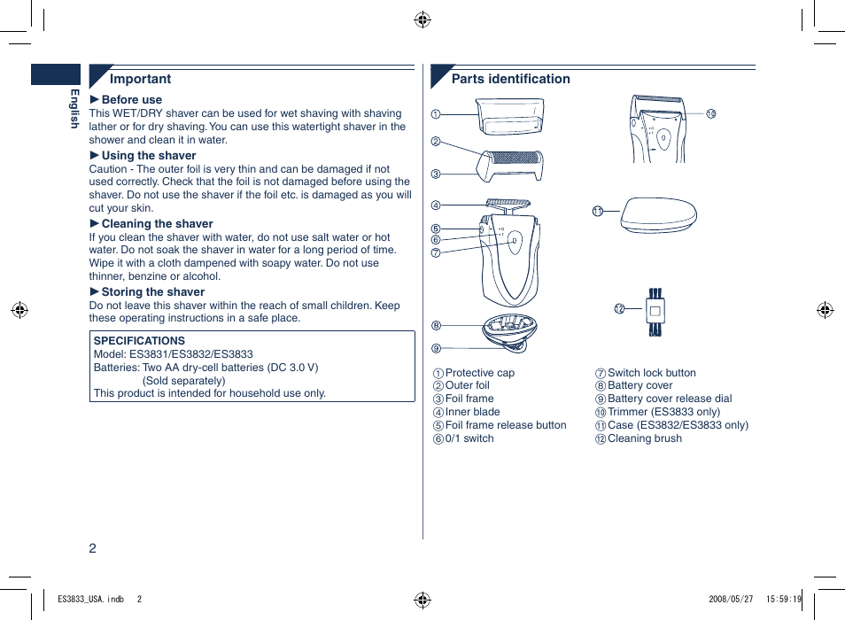 English | Panasonic ES3831 User Manual | Page 2 / 12